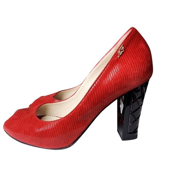 Marino Fabiani Red Snakeskin Leather Peep Toe Pumps Lucite Heel 8.5 - Picture 4 of 12